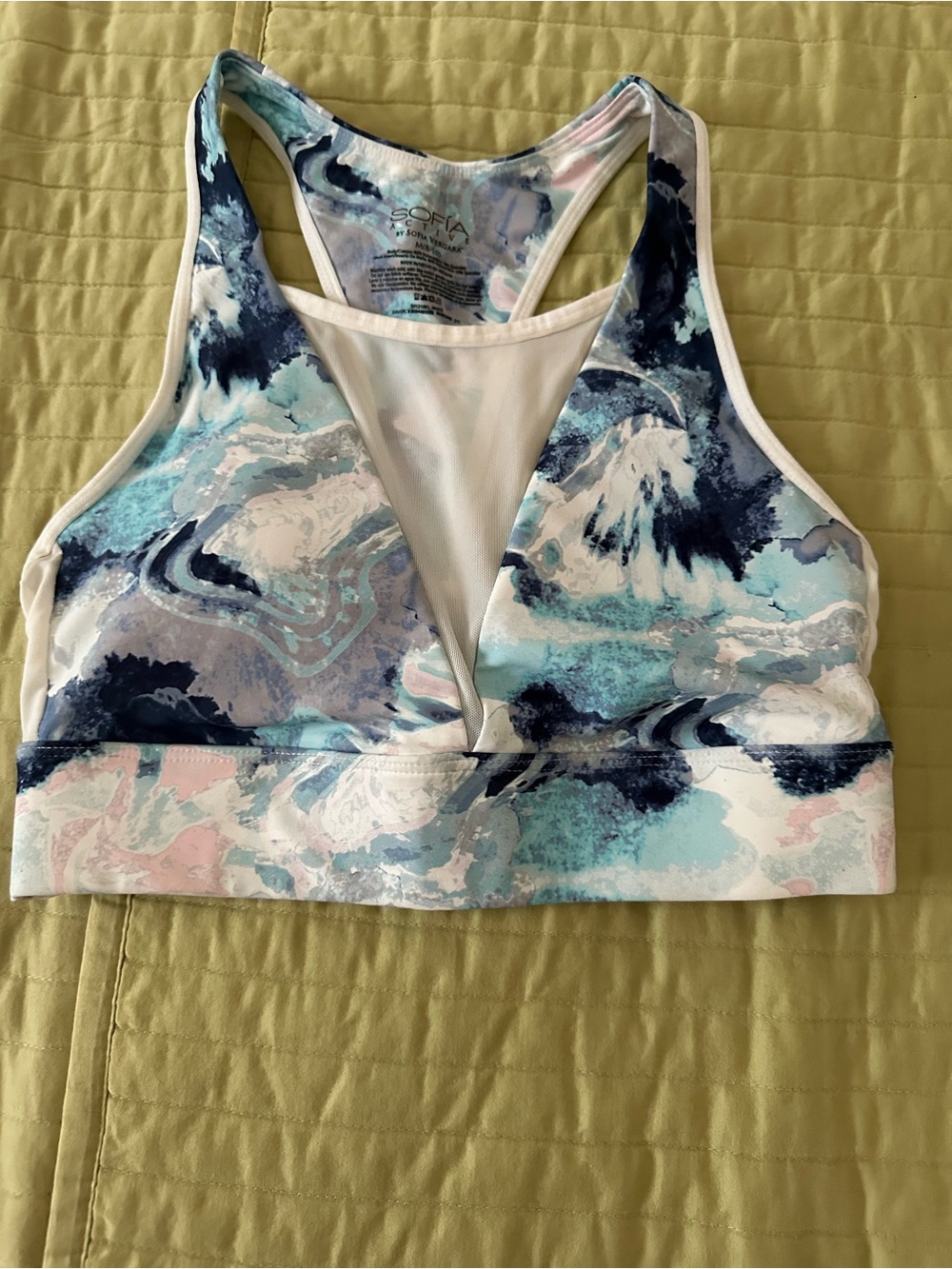 sofia by sofia vergara Marble-Effect Racerback Sports Bra in Blue, Pink & White